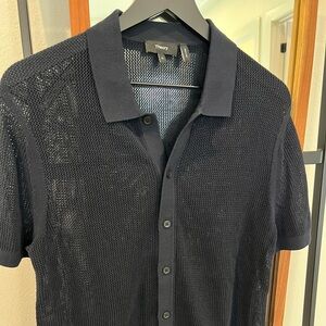 Theory Navy Textured Cairn Short Sleeve Shirt in Cotton